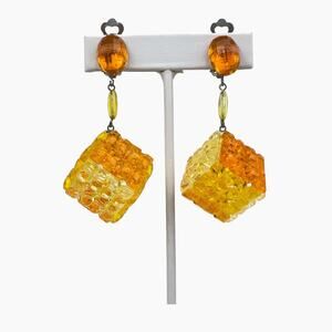 Dangle Earrings W Germany Large Bead Cube Yellow Orange Clip On Fun Unique Flair